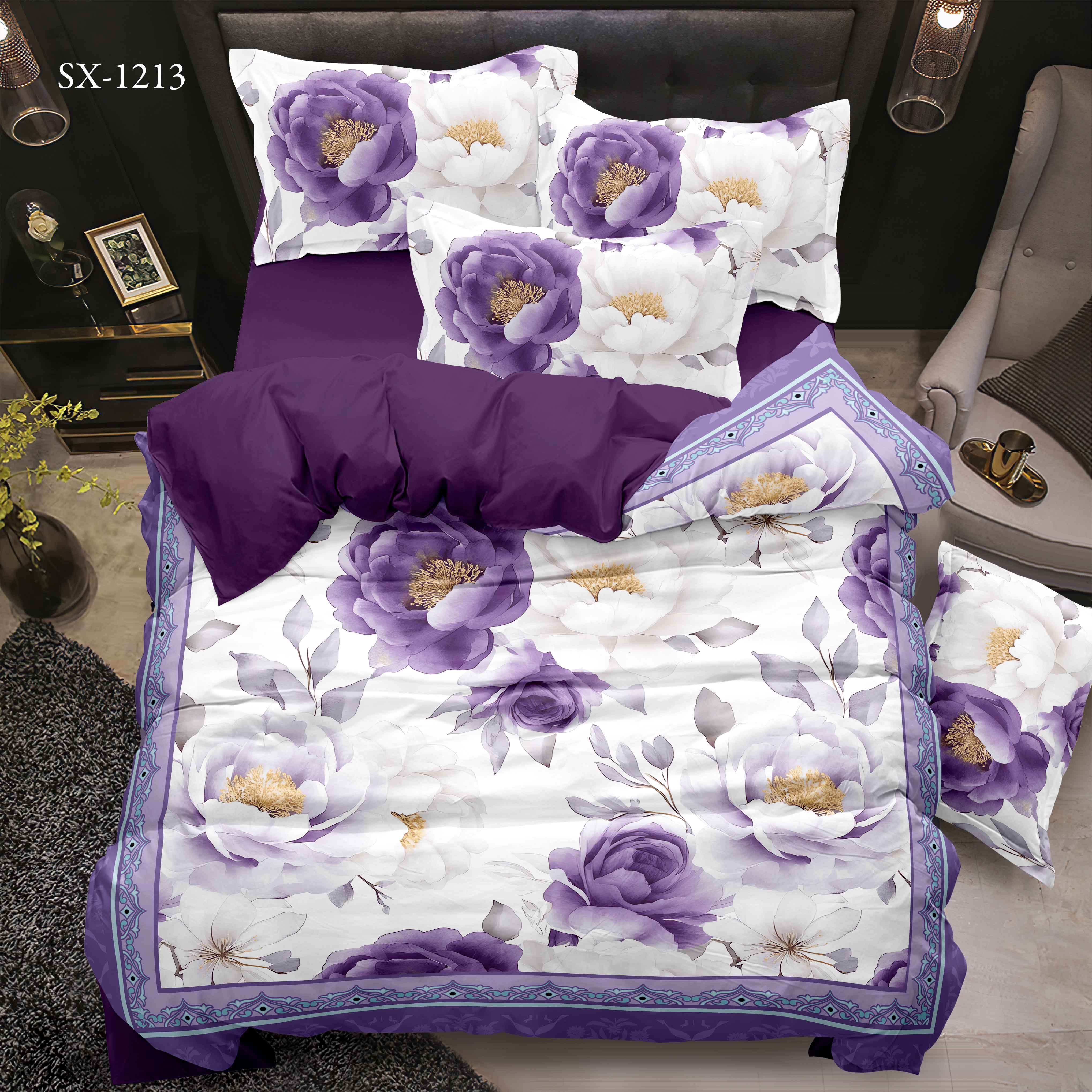 5D Digital Print Seep Set Set Floral с фиолетовым пионами и декоративным дизайном границ